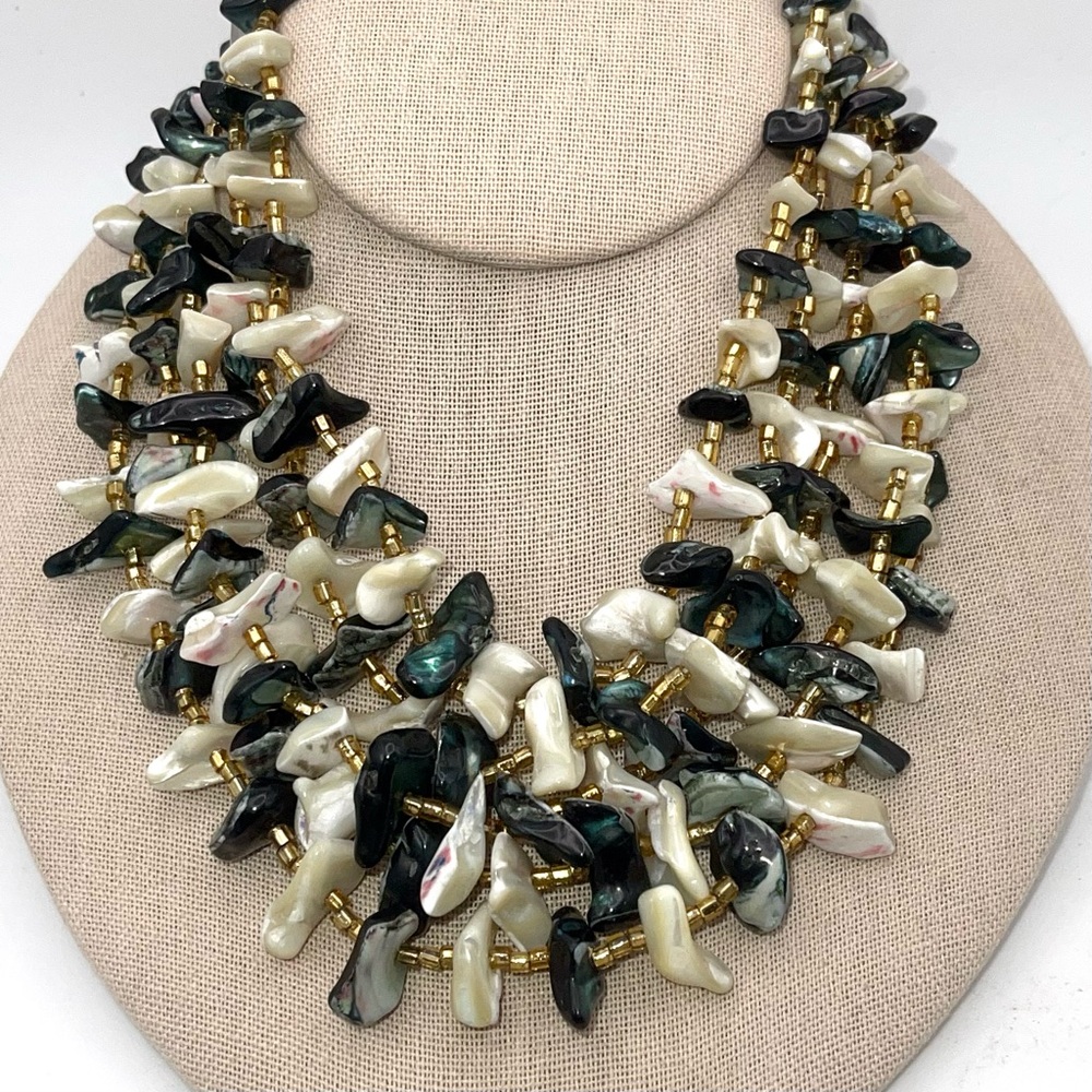 Incredible Vintage Mother of Pearl and Abalone Multi Strand Bib Necklace - Picture 2 of 11